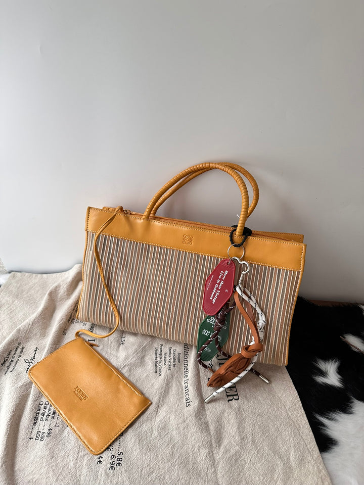 LOEWE Striped Top Handle Tote with Baby Pouch 🐣｜Duck Yellow Leather × Semi-Sheer Stripes × Matching Pouch✨