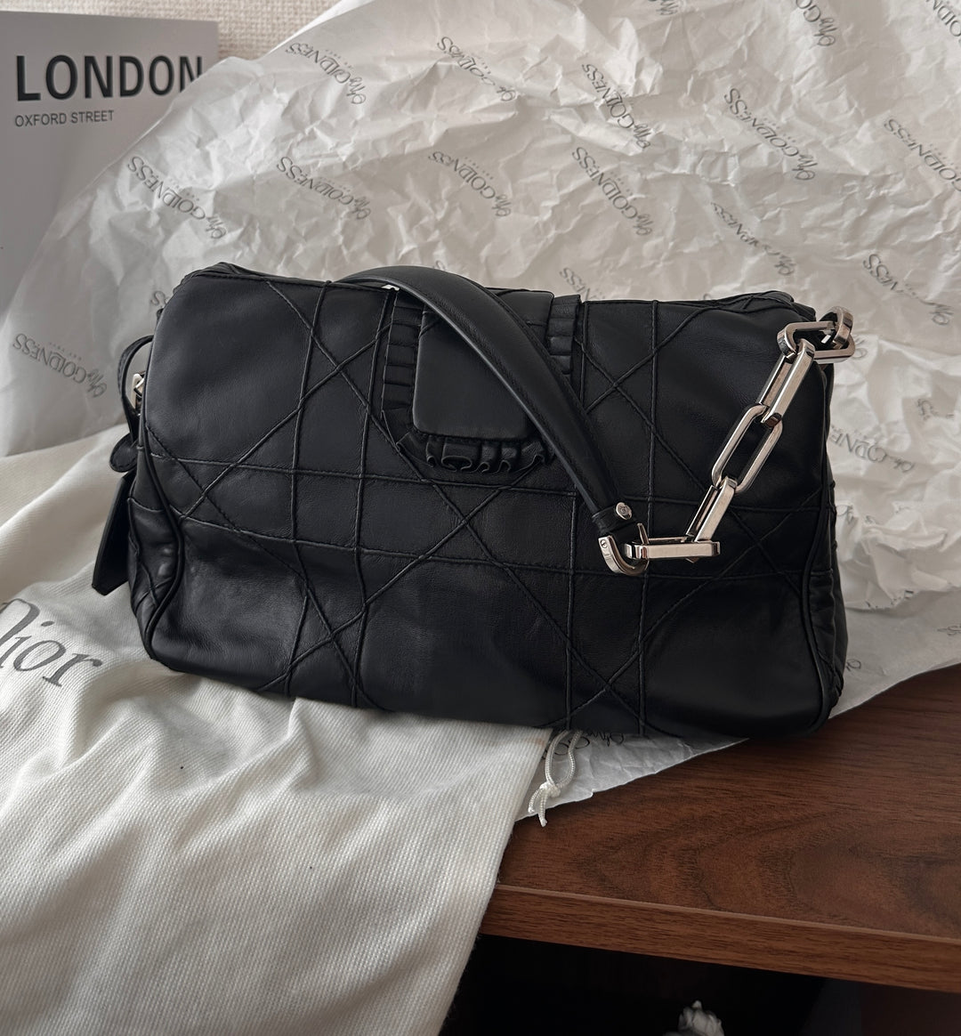 DIOR Cannage Chain Hobo Bag（Black × Silver Hardware, Small Size）｜Rare Vintage Find 🖤✨
