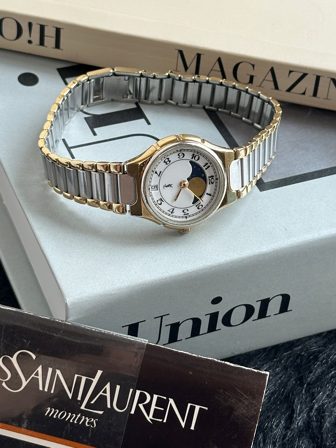 Yves Saint Laurent Moonphase Two-Tone Watch 🌙✨｜Moonphase Dial × Two-Tone Bracelet × Adjustable Fit