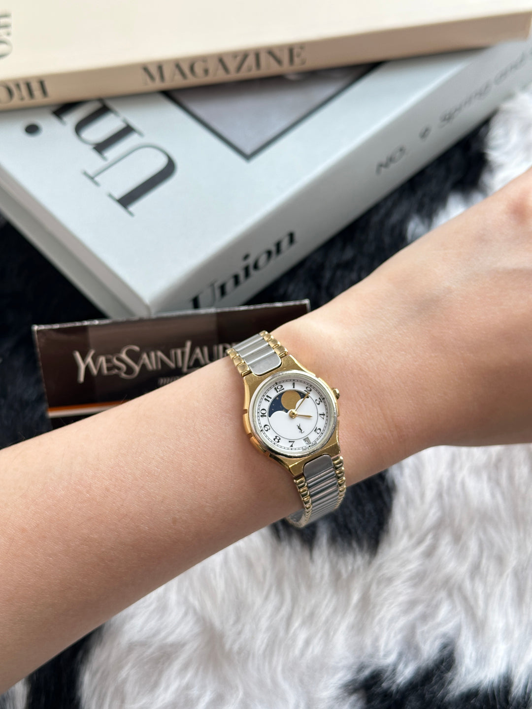 Yves Saint Laurent Moonphase Two-Tone Watch 🌙✨｜Moonphase Dial × Two-Tone Bracelet × Adjustable Fit