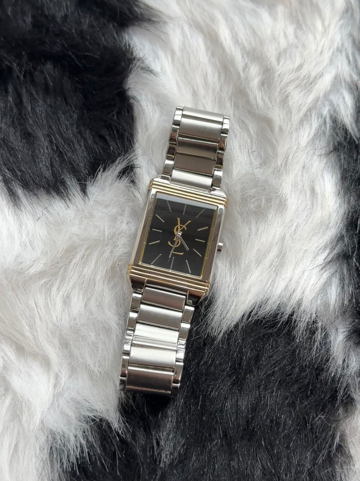 Yves Saint Laurent Tank Watch 🖤✨｜Rectangular Case × Black Dial × Two-Tone Details