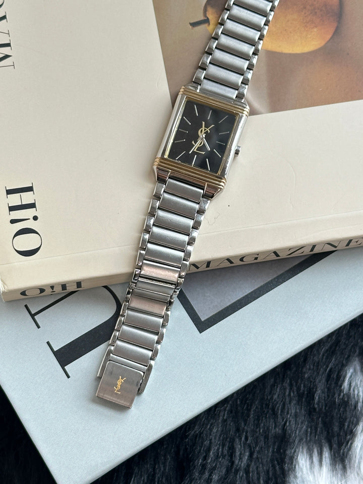 Yves Saint Laurent Tank Watch 🖤✨｜Rectangular Case × Black Dial × Two-Tone Details