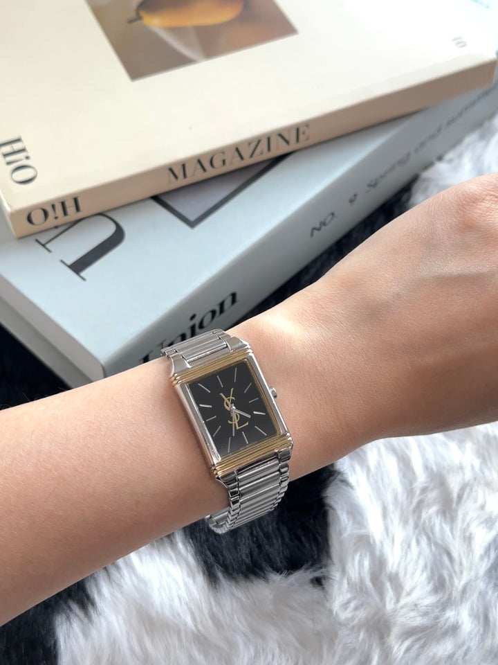 Yves Saint Laurent Tank Watch 🖤✨｜Rectangular Case × Black Dial × Two-Tone Details