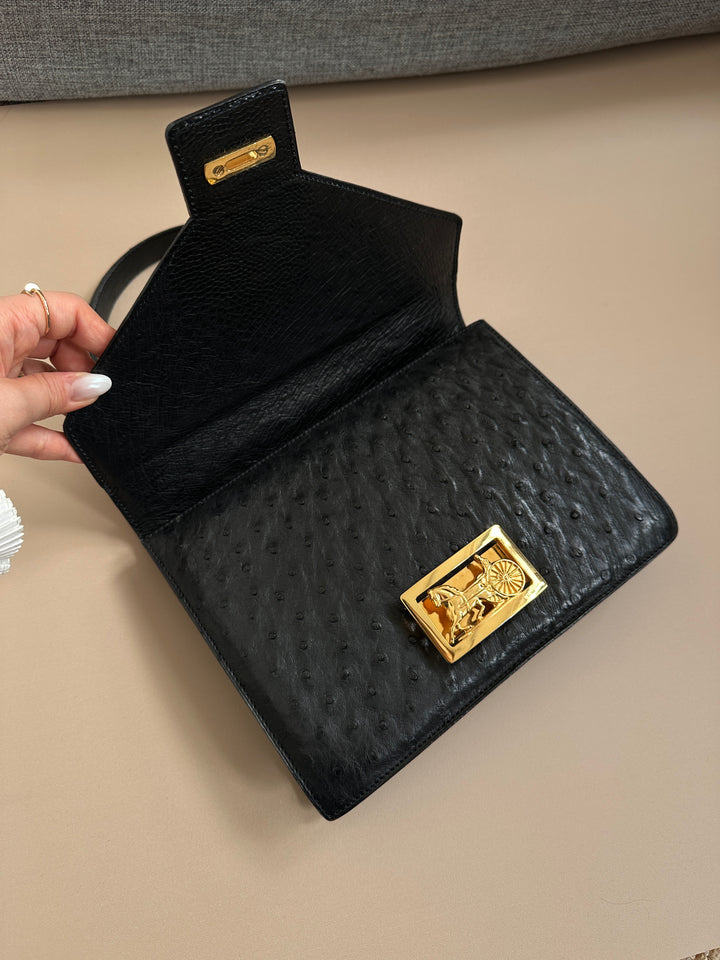 Celine Ostrich Kelly-Style Top Handle Bag 🖤✨｜Ostrich Leather × Gold-Tone Horse Carriage Clasp × Vintage Silhouette