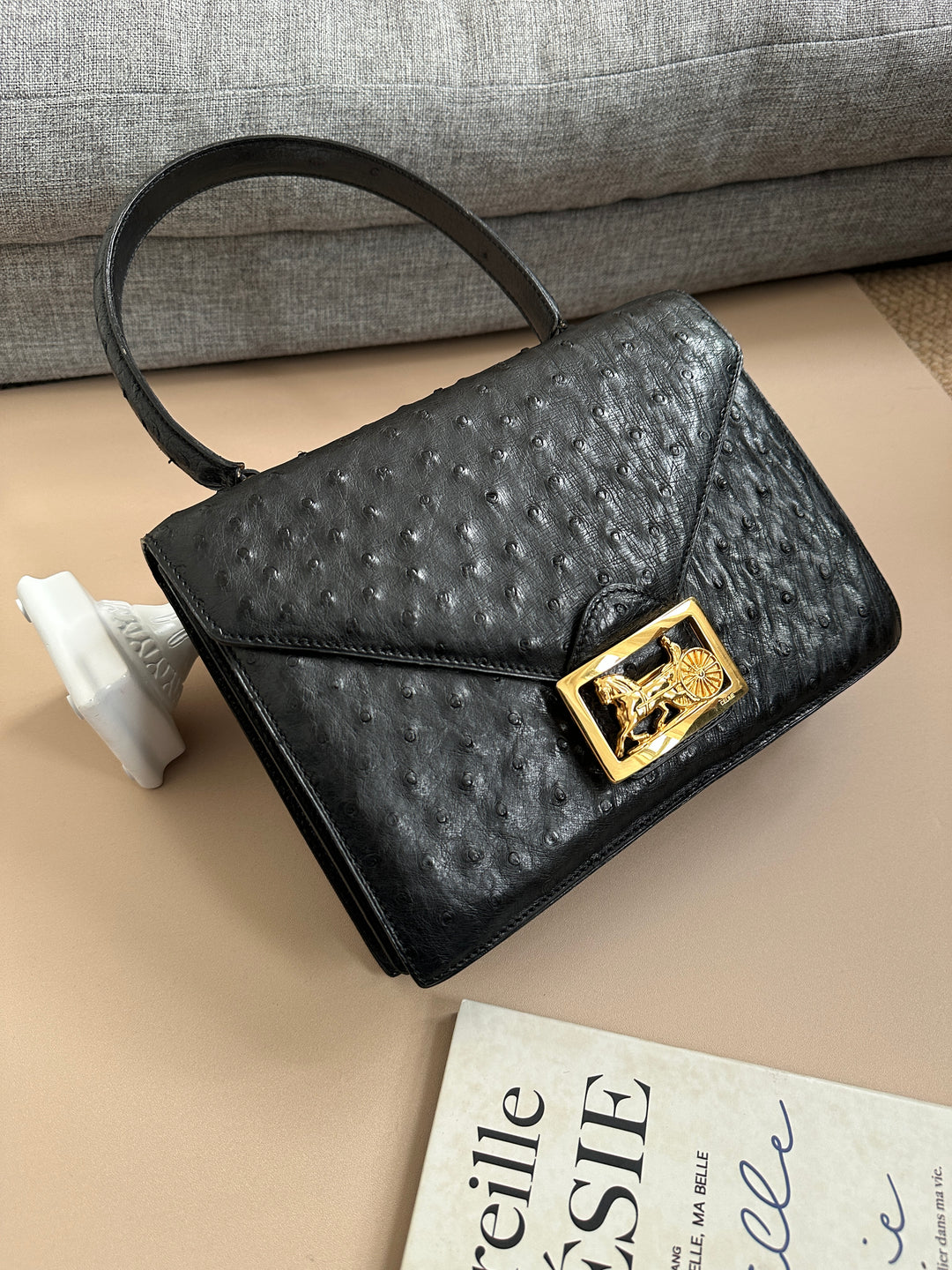 Celine Ostrich Kelly-Style Top Handle Bag 🖤✨｜Ostrich Leather × Gold-Tone Horse Carriage Clasp × Vintage Silhouette