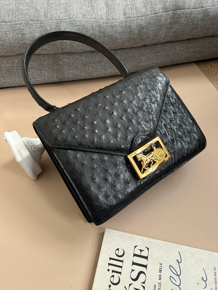 Celine Ostrich Kelly-Style Top Handle Bag 🖤✨｜Ostrich Leather × Gold-Tone Horse Carriage Clasp × Vintage Silhouette
