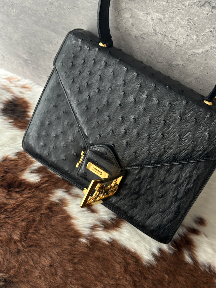Celine Ostrich Kelly-Style Top Handle Bag 🖤✨｜Ostrich Leather × Gold-Tone Horse Carriage Clasp × Vintage Silhouette