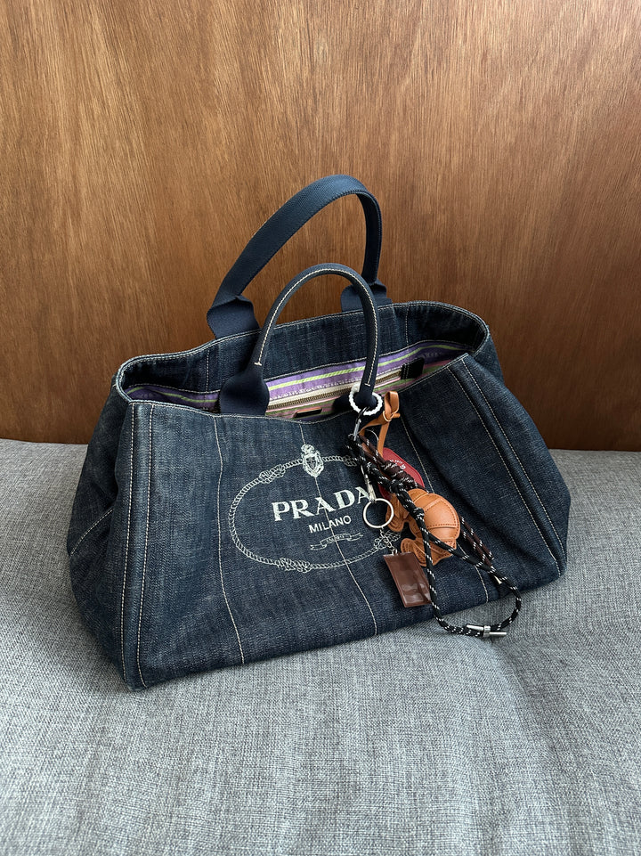 Prada Canapa Denim Tote 💙✨｜Denim Canvas × Embroidered Logo × Striped Interior