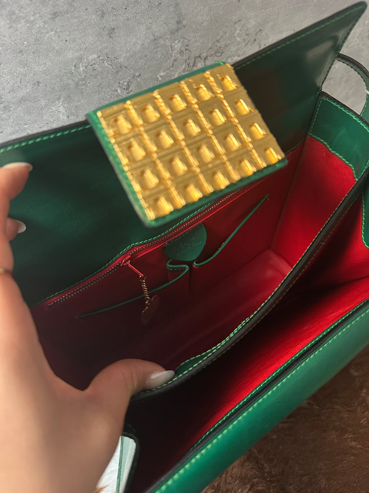 Celine Vintage Houndstooth Crossbody Bag 💚🖤｜Rare Houndstooth Appliqué × Triomphe Hardware × Emerald Green Leather
