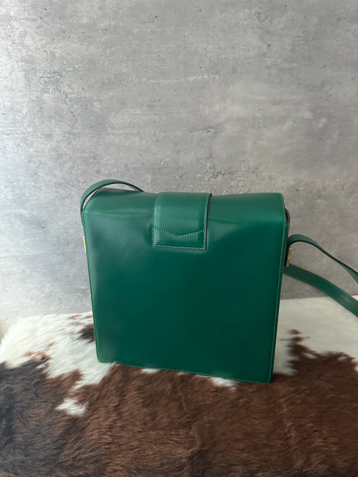 Celine Vintage Houndstooth Crossbody Bag 💚🖤｜Rare Houndstooth Appliqué × Triomphe Hardware × Emerald Green Leather