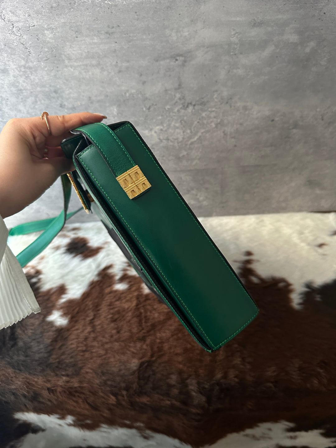 Celine Vintage Houndstooth Crossbody Bag 💚🖤｜Rare Houndstooth Appliqué × Triomphe Hardware × Emerald Green Leather