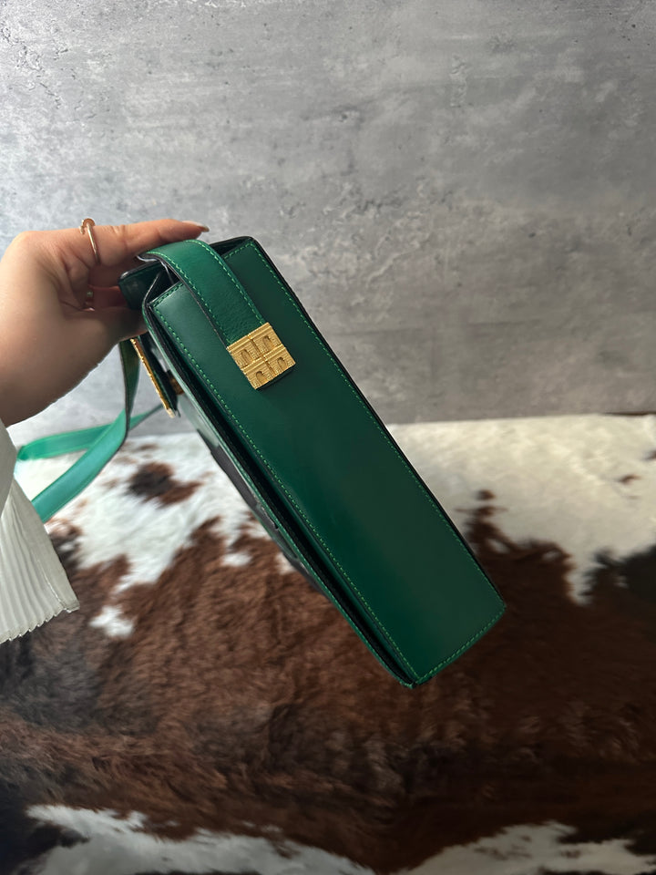 Celine Vintage Houndstooth Crossbody Bag 💚🖤｜Rare Houndstooth Appliqué × Triomphe Hardware × Emerald Green Leather