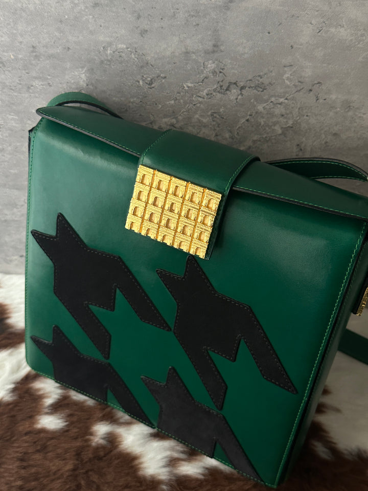Celine Vintage Houndstooth Crossbody Bag 💚🖤｜Rare Houndstooth Appliqué × Triomphe Hardware × Emerald Green Leather