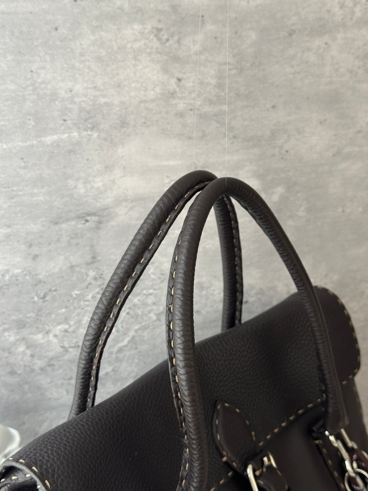 Fendi Selleria Contrast-Stitch Leather Tote 🖤🤎✨｜Chocolate Brown・Hand-Stitched Detail