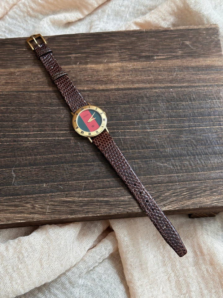 Gucci Lizard Leather Watch ❤️🤎｜Vintage Stripe Dial × Glossy Lizard Strap × Excellent Condition