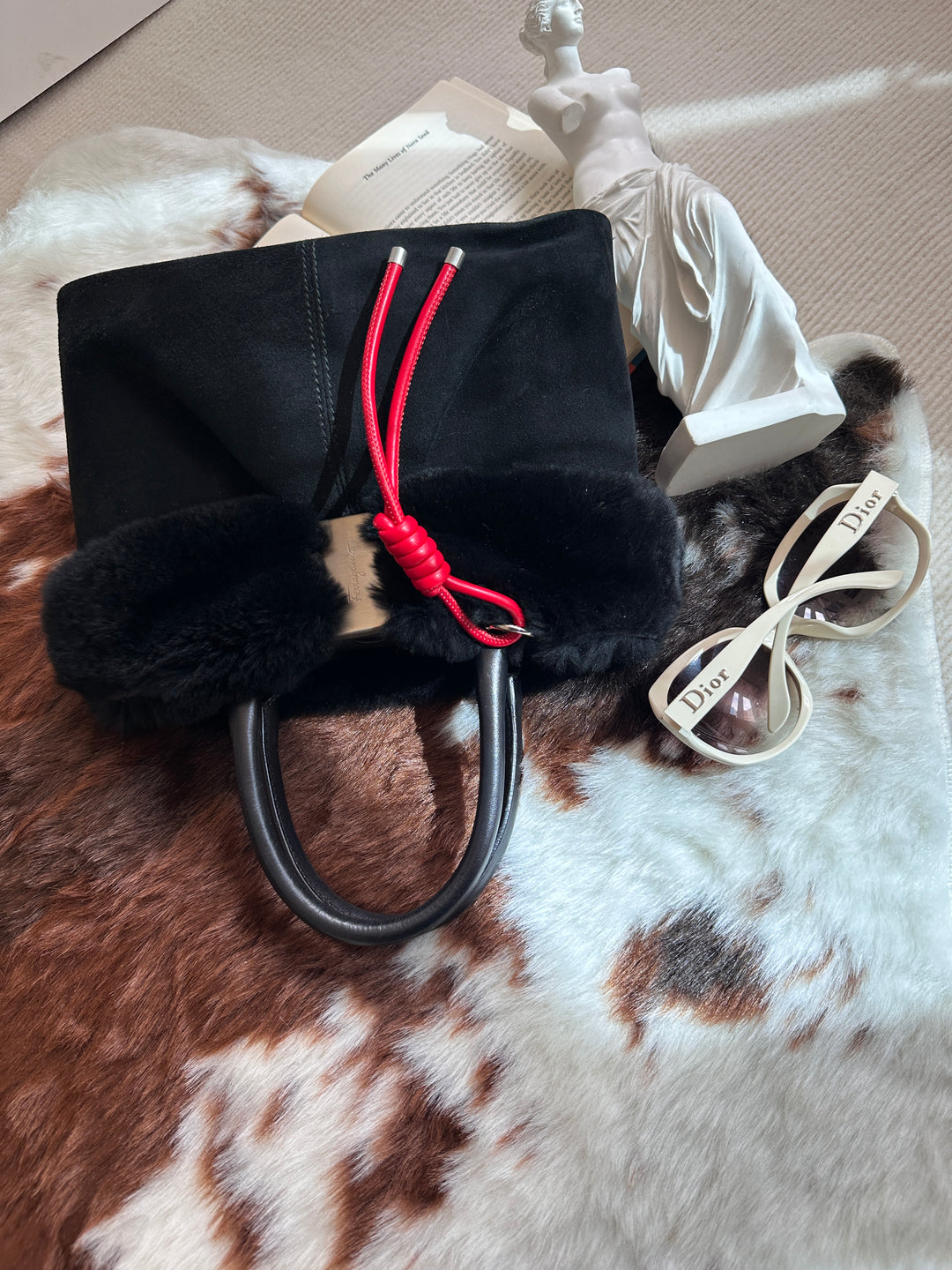 Ferragamo “So Black” Shearling Suede Tote 🖤 | Effortless Luxury with a Bold Twist