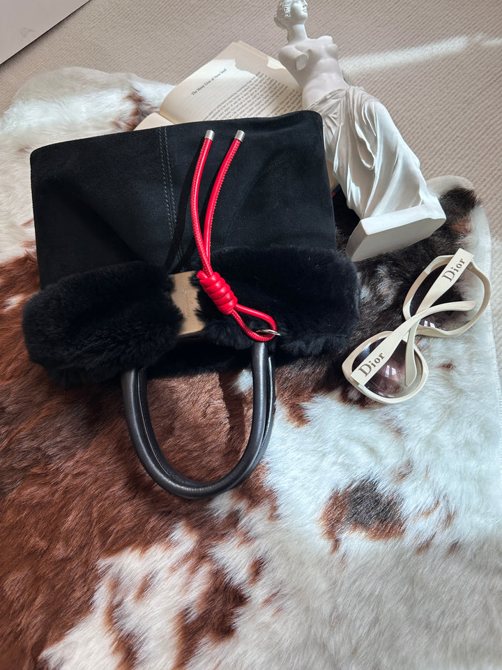 Ferragamo “So Black” Shearling Suede Tote 🖤 | Effortless Luxury with a Bold Twist