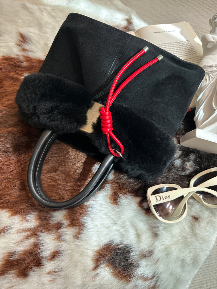 Ferragamo “So Black” Shearling Suede Tote 🖤 | Effortless Luxury with a Bold Twist