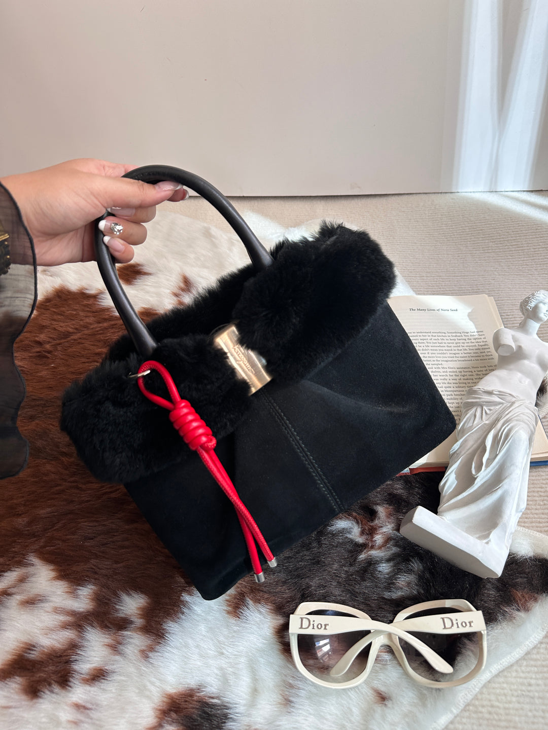 Ferragamo “So Black” Shearling Suede Tote 🖤 | Effortless Luxury with a Bold Twist