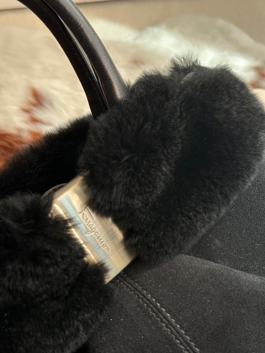 Ferragamo “So Black” Shearling Suede Tote 🖤 | Effortless Luxury with a Bold Twist