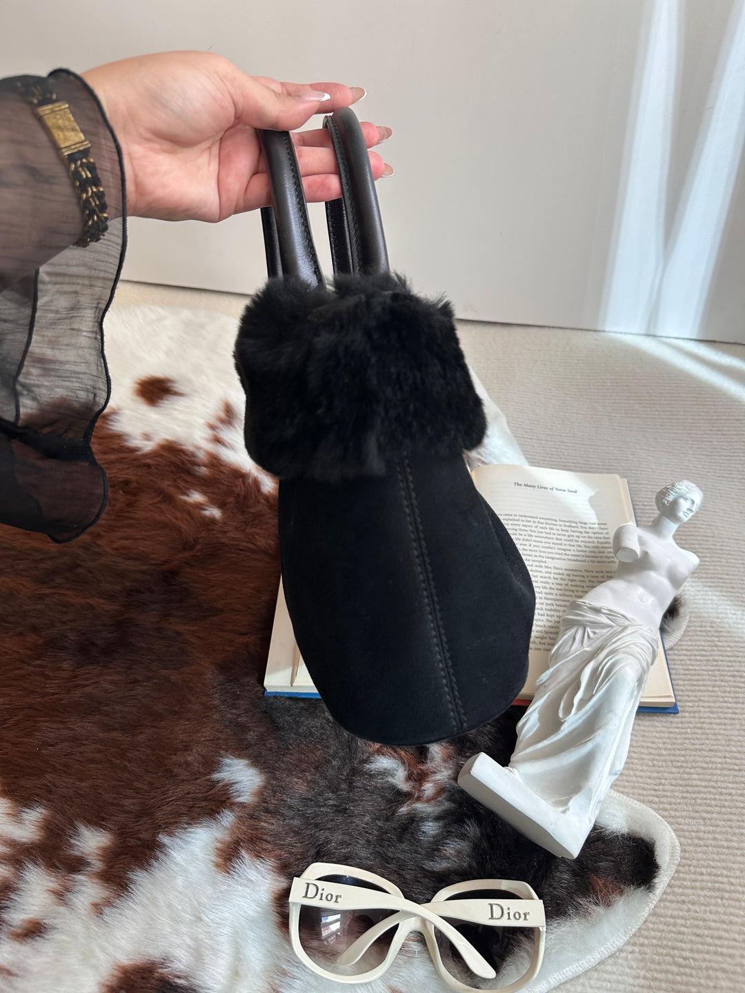 Ferragamo “So Black” Shearling Suede Tote 🖤 | Effortless Luxury with a Bold Twist