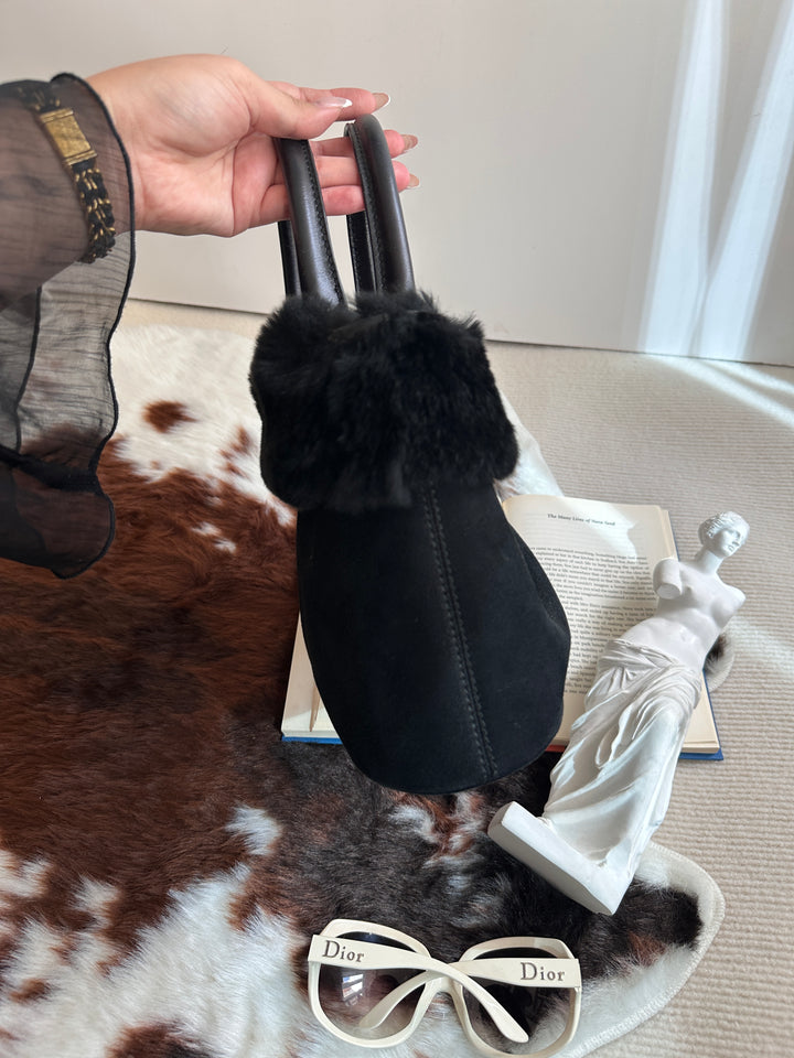 Ferragamo “So Black” Shearling Suede Tote 🖤 | Effortless Luxury with a Bold Twist