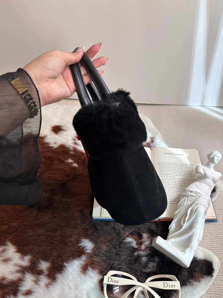 Ferragamo “So Black” Shearling Suede Tote 🖤 | Effortless Luxury with a Bold Twist