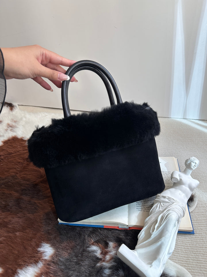 Ferragamo “So Black” Shearling Suede Tote 🖤 | Effortless Luxury with a Bold Twist