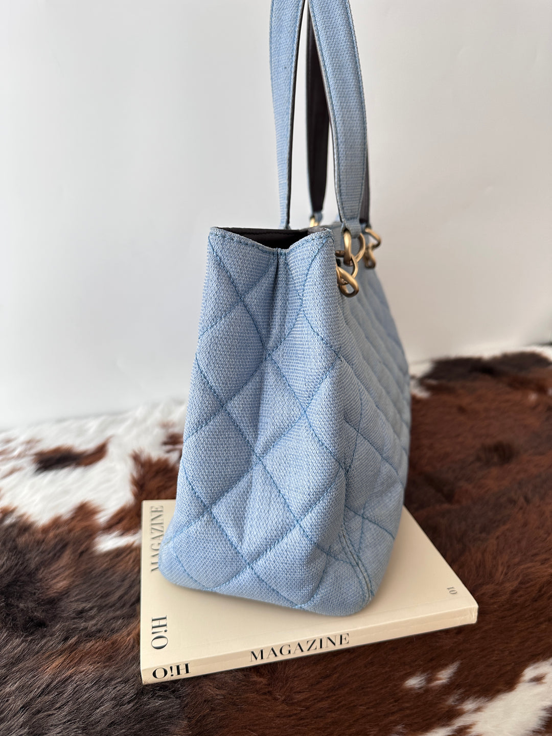 CHANEL Straw-Textured Quilted Tote Bag 💙｜Summer Blue Tone × Shoulder Carry × Practical Work Size