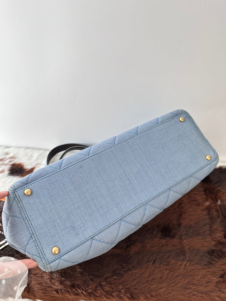 CHANEL Straw-Textured Quilted Tote Bag 💙｜Summer Blue Tone × Shoulder Carry × Practical Work Size