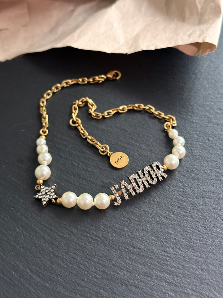DIOR J'ADIOR Pearl & Rhinestone Choker – Glam Meets Playful 🤍✨ Crystal Sparkle + Gold Chain Charm