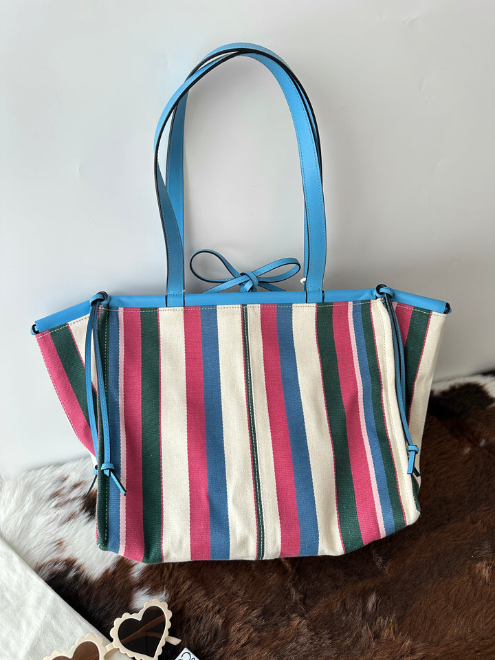 LOEWE Colorblock Striped Tote Bag 💙｜Full Set × Striped Canvas × Laptop-Friendly
