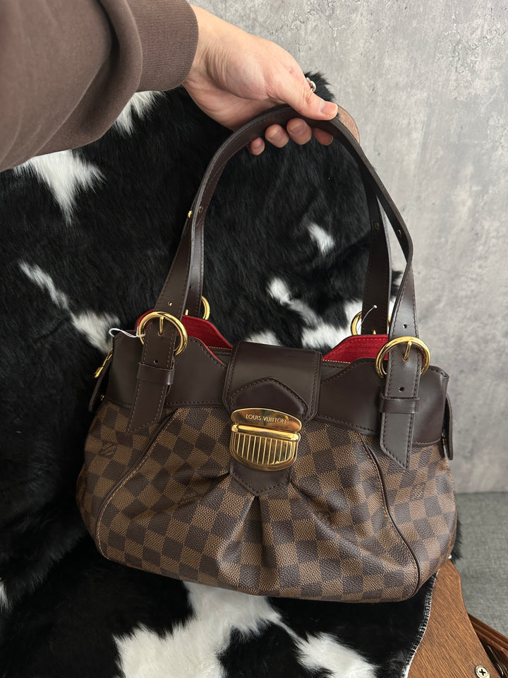 Louis Vuitton Damier Ebene Pleated Shoulder Handbag 🤎｜Classic Checkered Canvas × Gold-Tone Buckle × Red Suede Interior✨