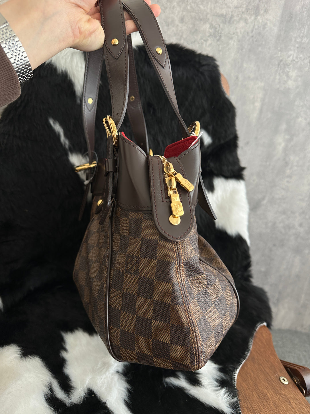 Louis Vuitton Damier Ebene Pleated Shoulder Handbag 🤎｜Classic Checkered Canvas × Gold-Tone Buckle × Red Suede Interior✨