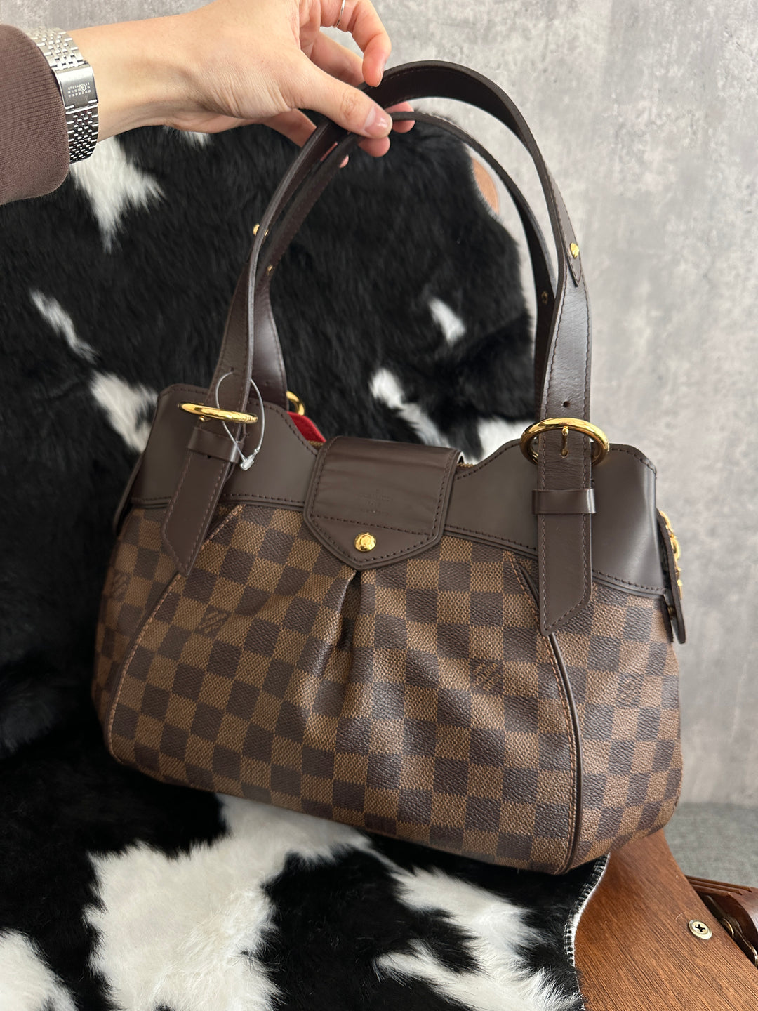 Louis Vuitton Damier Ebene Pleated Shoulder Handbag 🤎｜Classic Checkered Canvas × Gold-Tone Buckle × Red Suede Interior✨