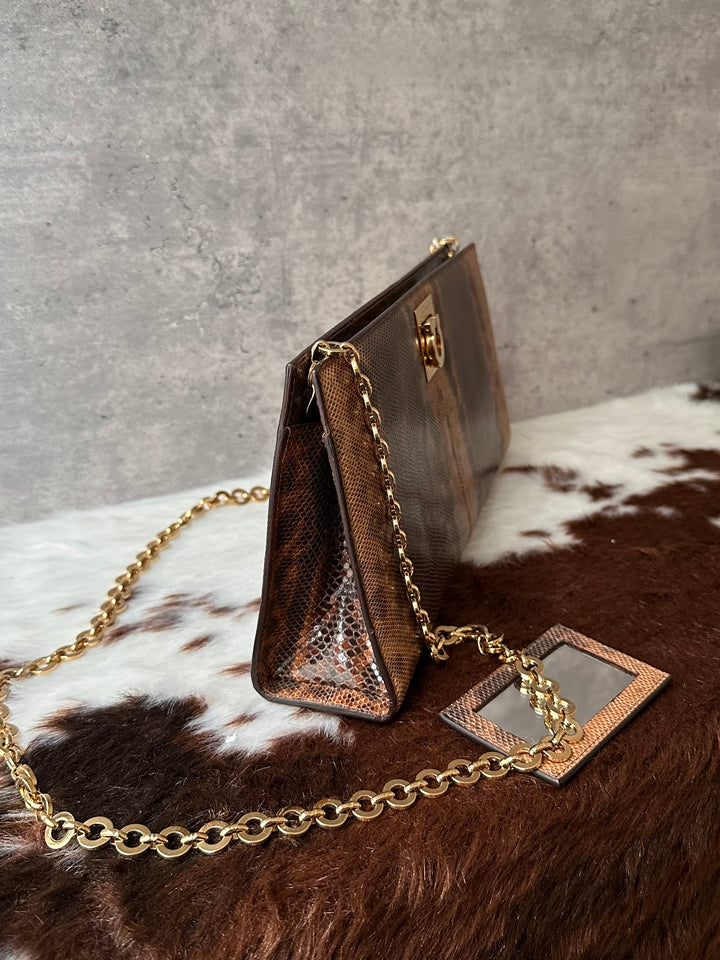 Ferragamo Gancini Lizard-Effect Chain Baguette Bag 🥖✨｜Rare Vintage Find × Gancini Chain Detail × With Mirror