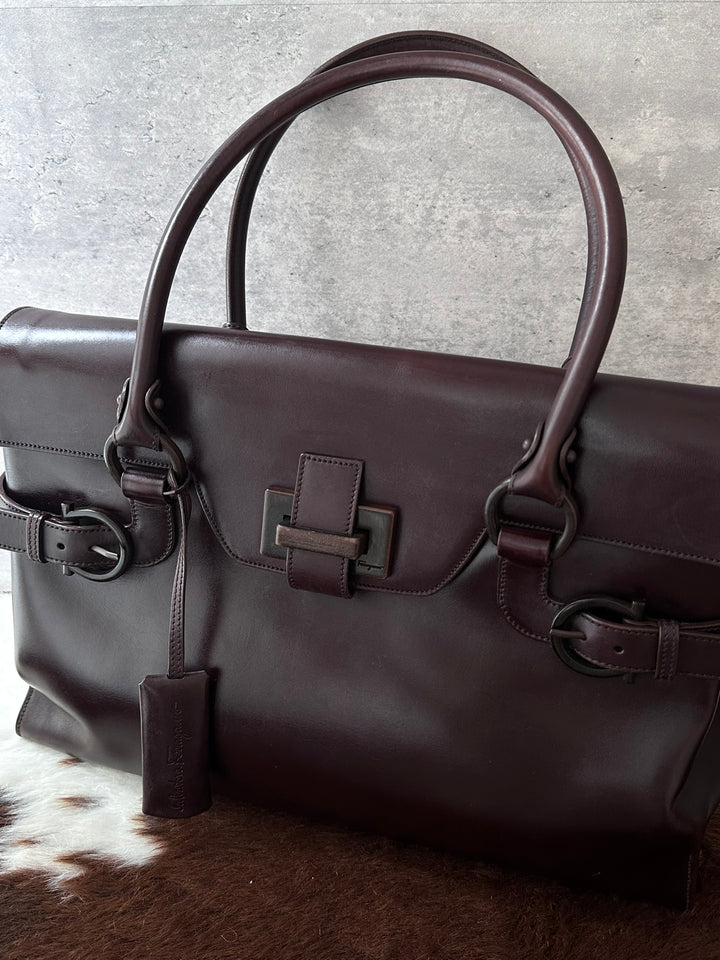 Ferragamo Gancini Dark Chocolate Brown Boston Bag 🤎｜Rare Wood-Tone Clasp × Box Leather × Vintage Character