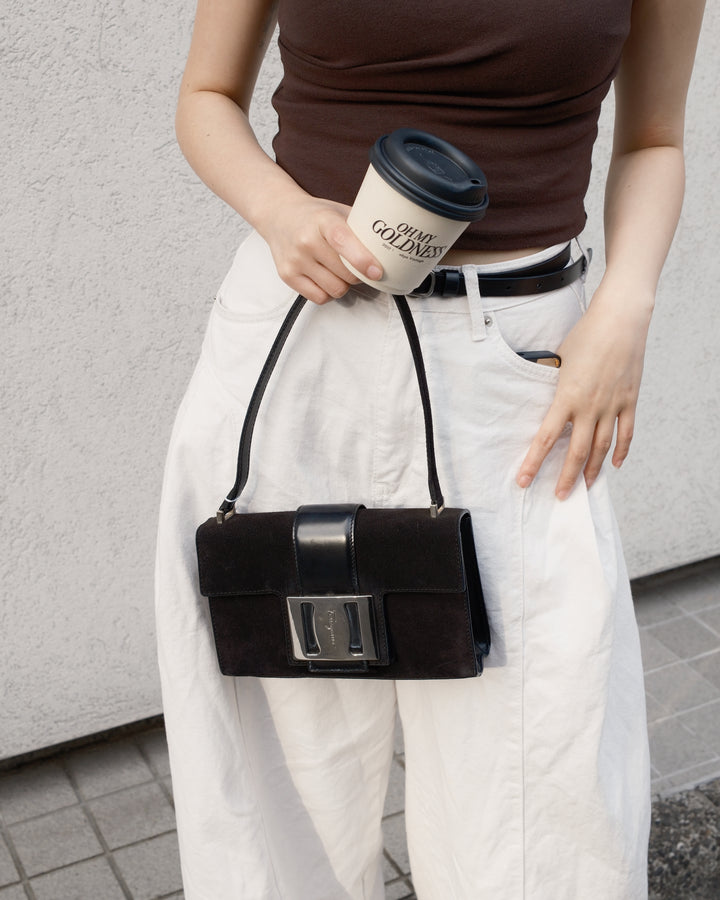 Ferragamo Suede Mini Baguette Bag 🖤｜Statement Silver Buckle × Sleek Shoulder Style × Compact Yet Practical