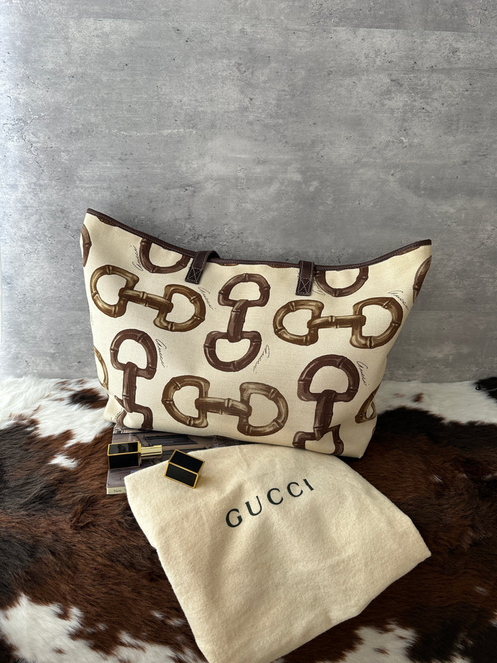 Gucci Horsebit Print Canvas Tote 🤎✨｜Vintage Equestrian Print・Spacious Everyday Tote