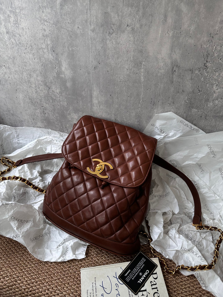 CHANEL Vintage Chocolate Lambskin Backpack with Oversized CC Turnlock + Sticker & Card
