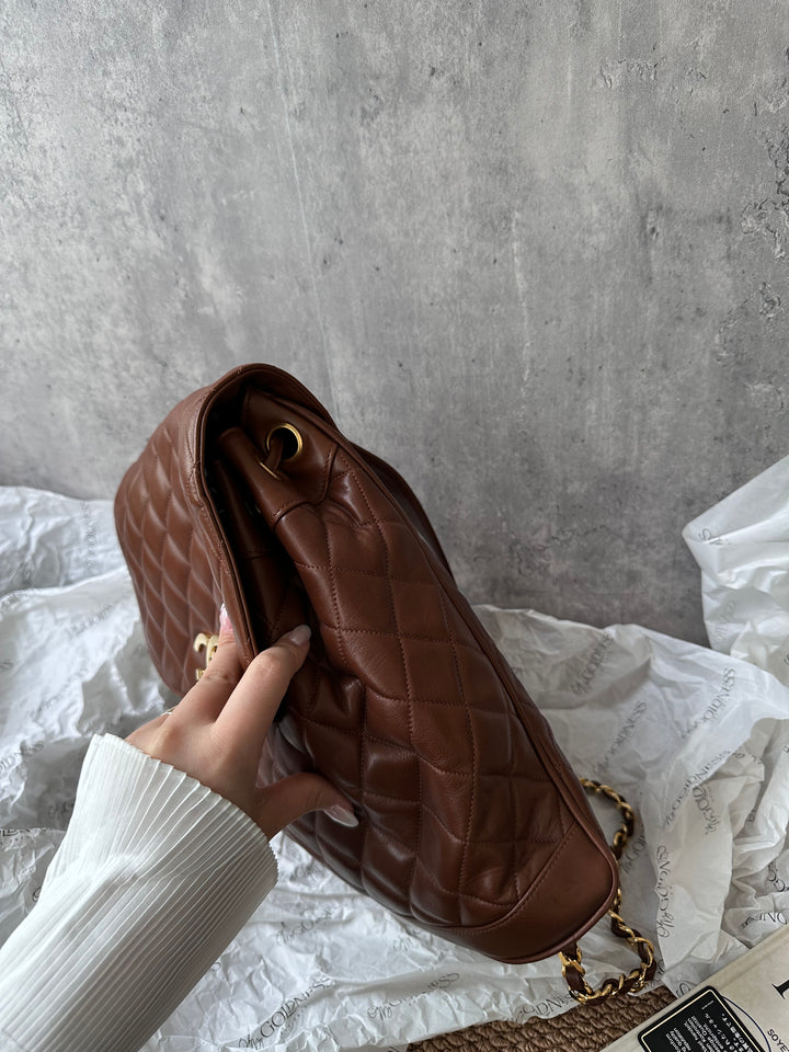 CHANEL Vintage Chocolate Lambskin Backpack with Oversized CC Turnlock + Sticker & Card