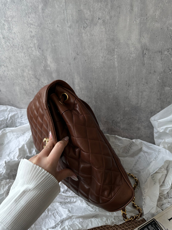 CHANEL Vintage Chocolate Lambskin Backpack with Oversized CC Turnlock + Sticker & Card