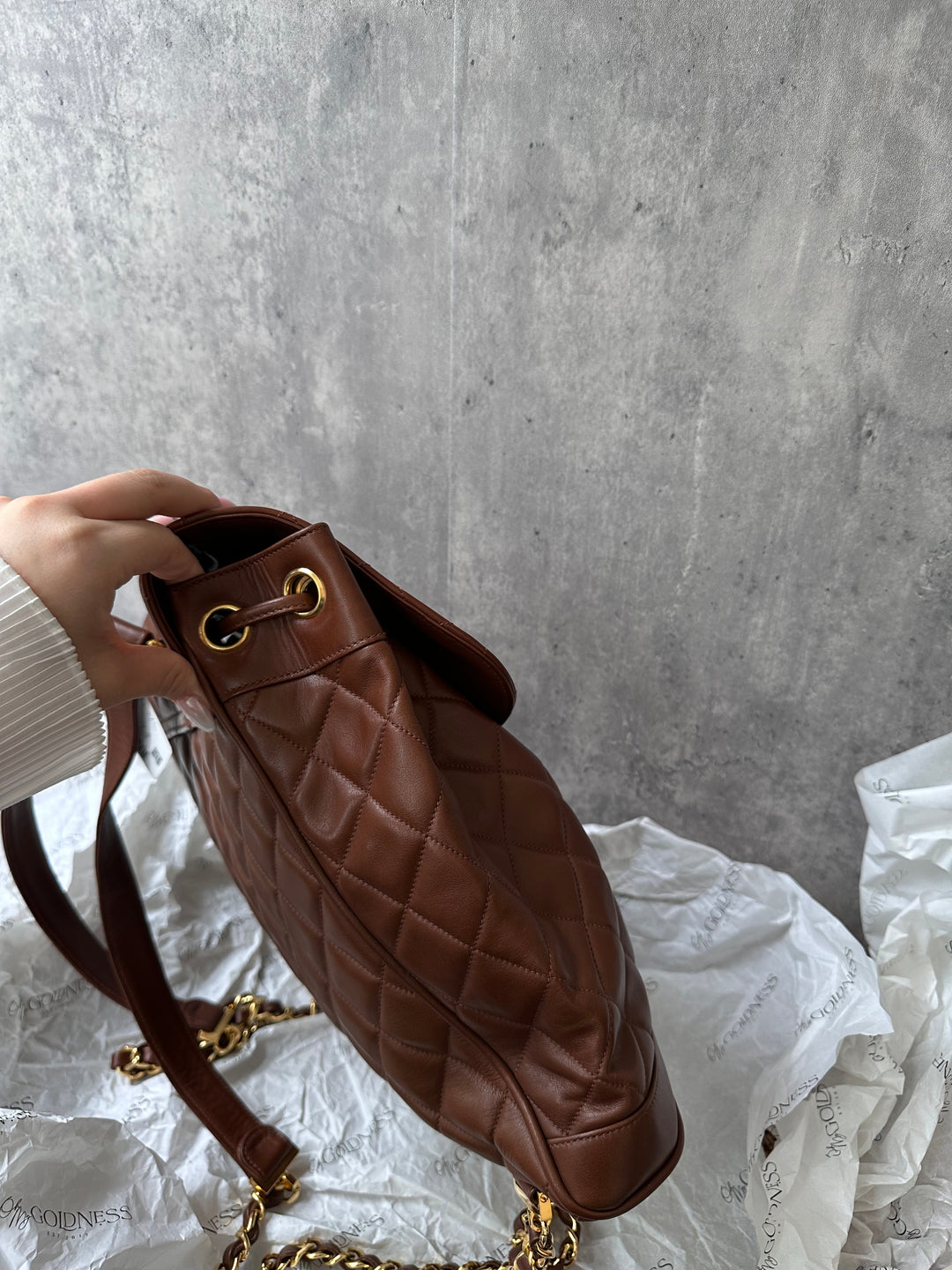 CHANEL Vintage Chocolate Lambskin Backpack with Oversized CC Turnlock + Sticker & Card