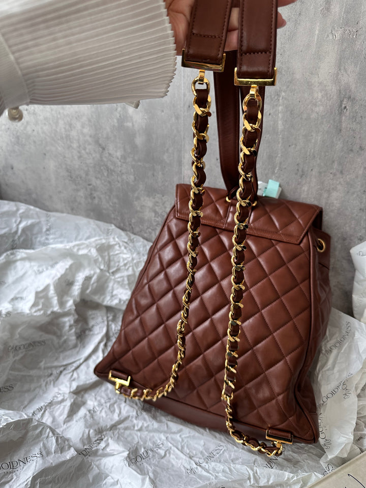 CHANEL Vintage Chocolate Lambskin Backpack with Oversized CC Turnlock + Sticker & Card
