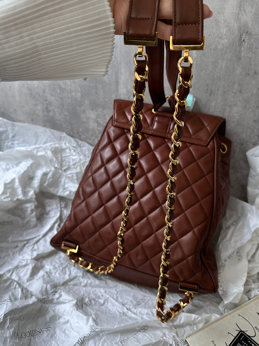 CHANEL Vintage Chocolate Lambskin Backpack with Oversized CC Turnlock + Sticker & Card