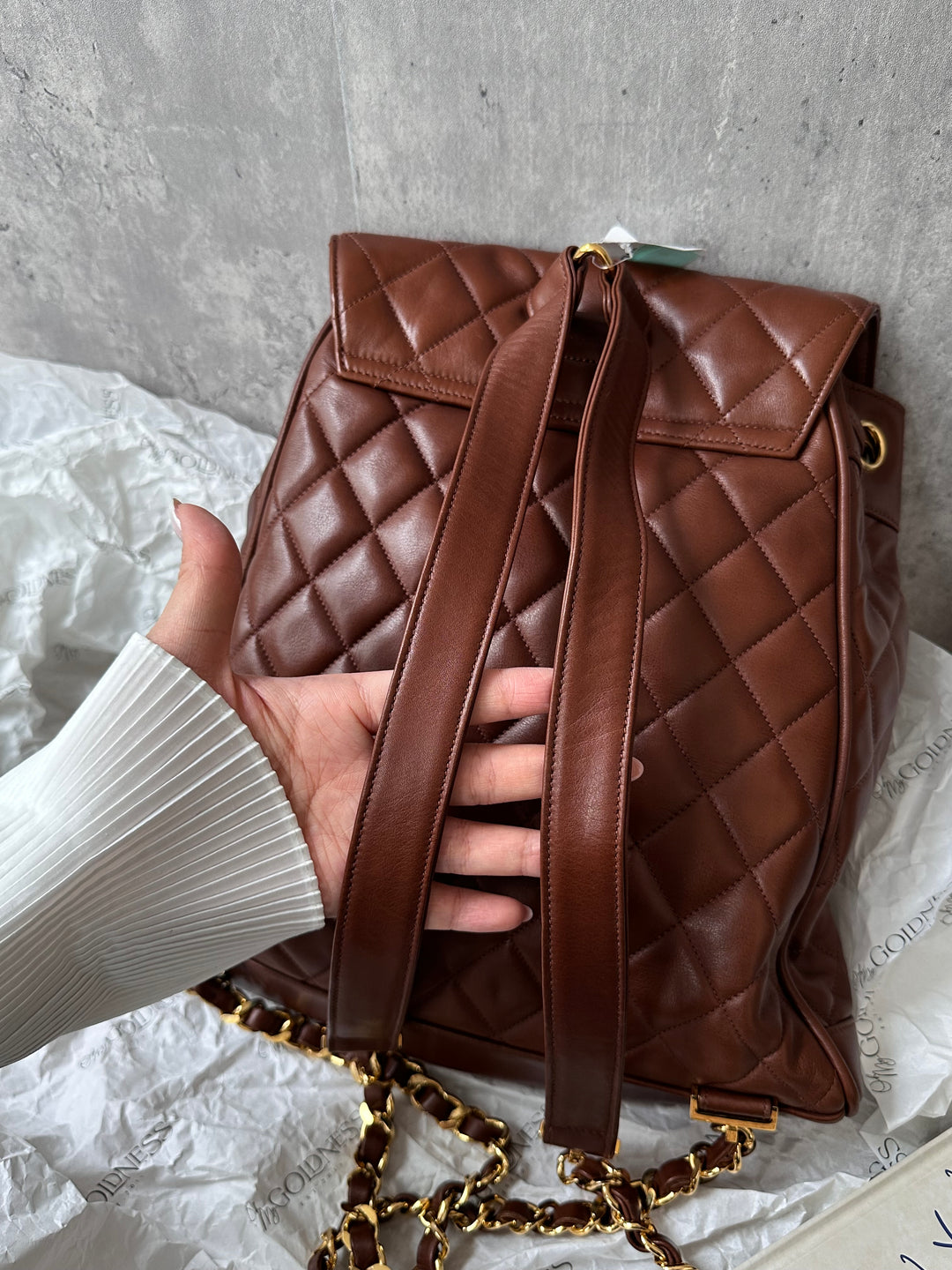 CHANEL Vintage Chocolate Lambskin Backpack with Oversized CC Turnlock + Sticker & Card