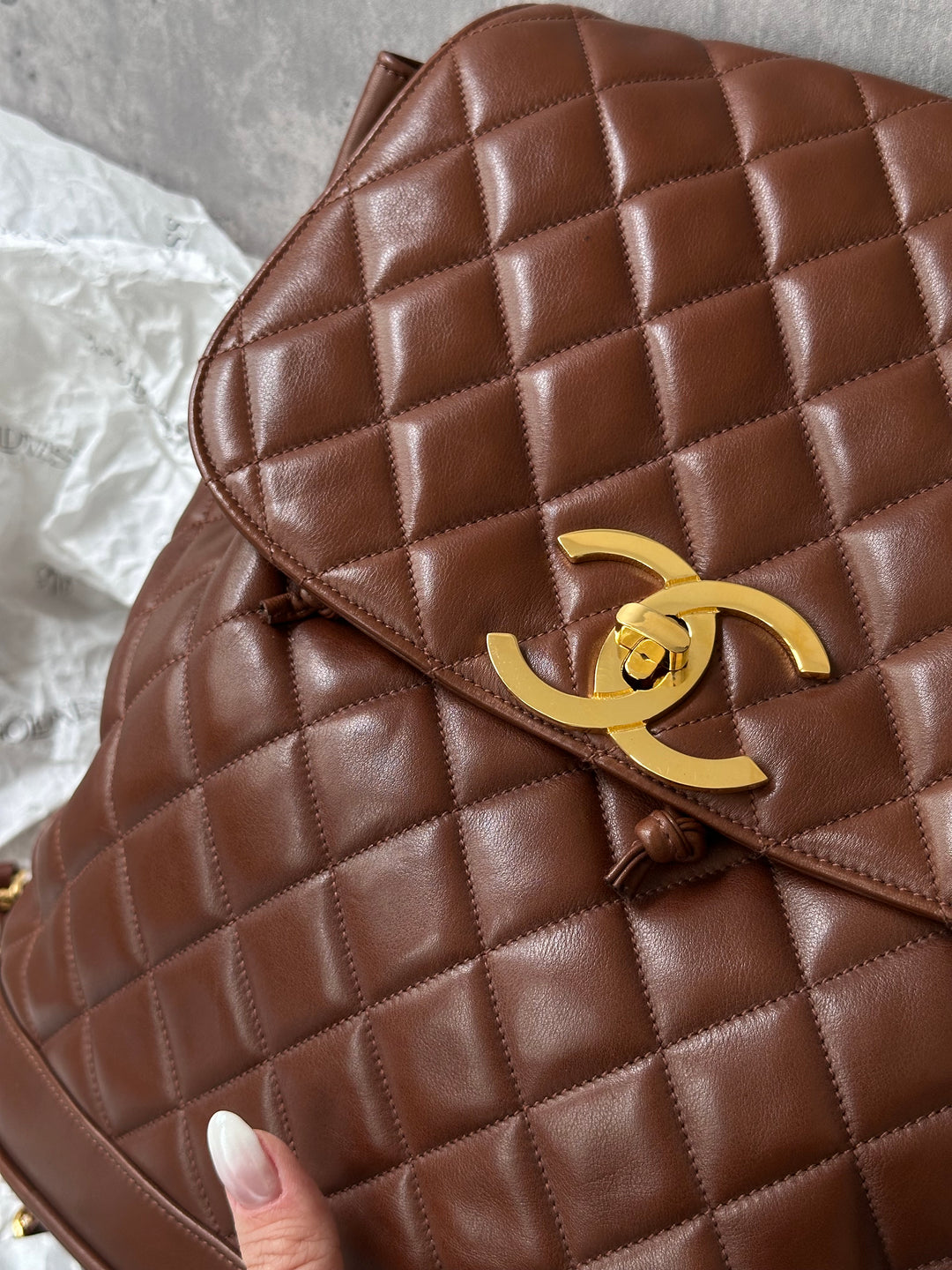 CHANEL Vintage Chocolate Lambskin Backpack with Oversized CC Turnlock + Sticker & Card