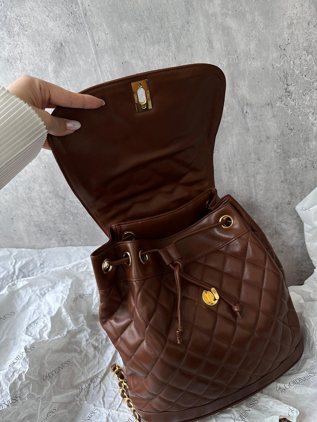CHANEL Vintage Chocolate Lambskin Backpack with Oversized CC Turnlock + Sticker & Card