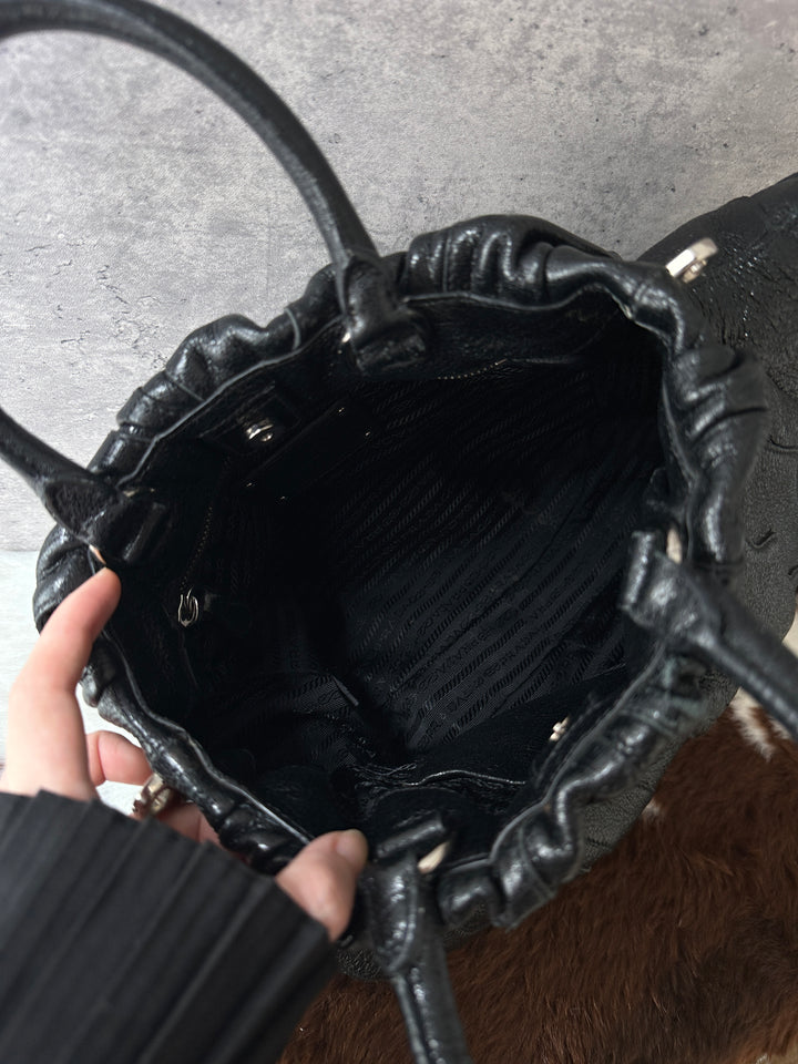 PRADA Pleated Pumpkin Tote Bag 🖤｜Glossy Black Leather × Sculptural Pleats × Custom-Strap Friendly