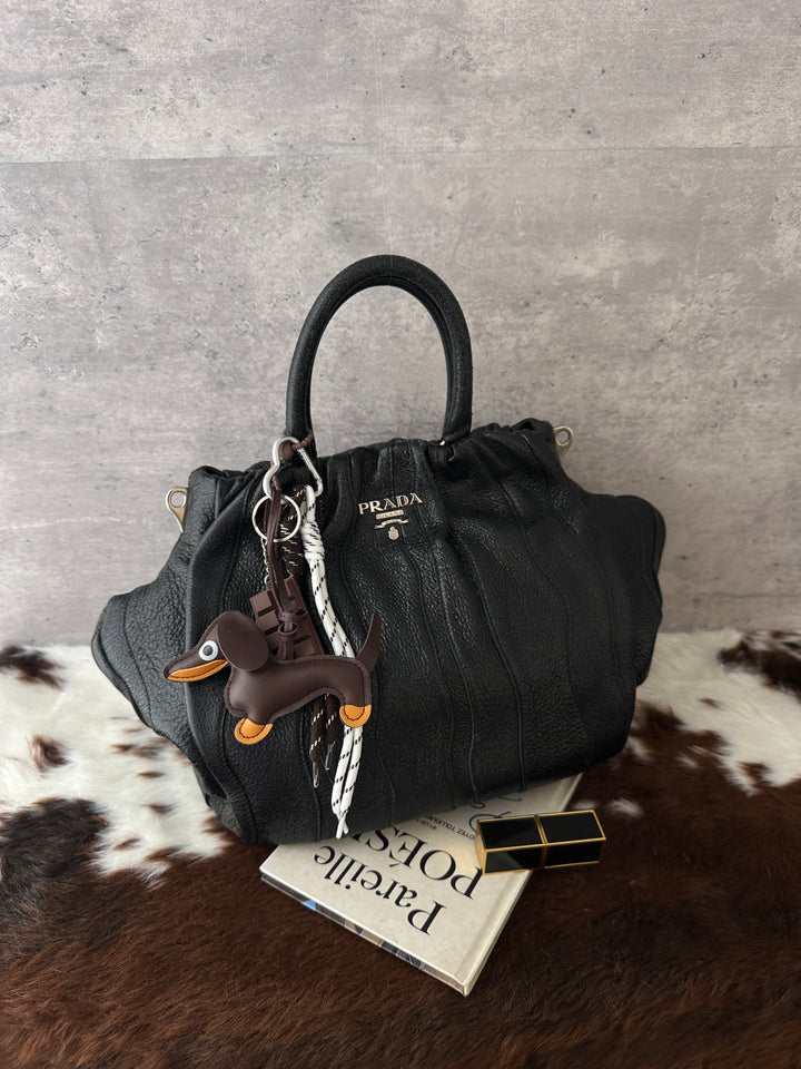 PRADA Pleated Pumpkin Tote Bag 🖤｜Glossy Black Leather × Sculptural Pleats × Custom-Strap Friendly